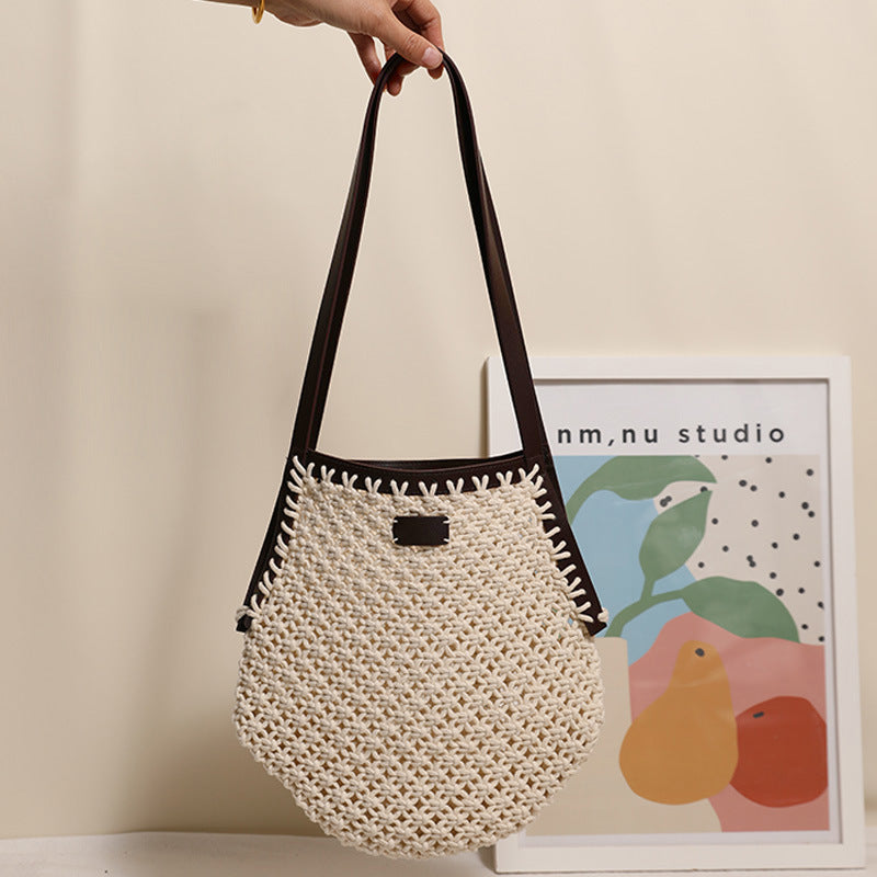Fashion Geometric Straw Niche Stitching Hollow Woven Women's Shoulder Bag