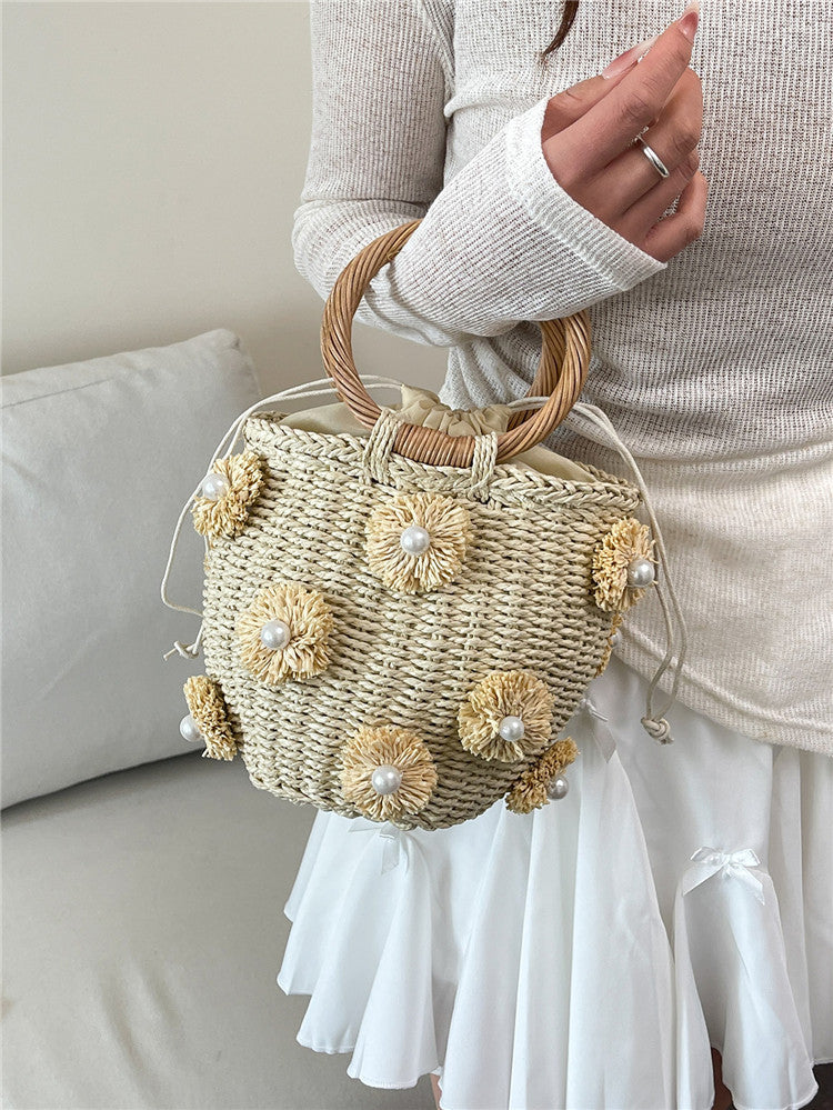 Women's Summer Straw Fresh Flower Pearl Decorative Portable Basket Women's Handbag