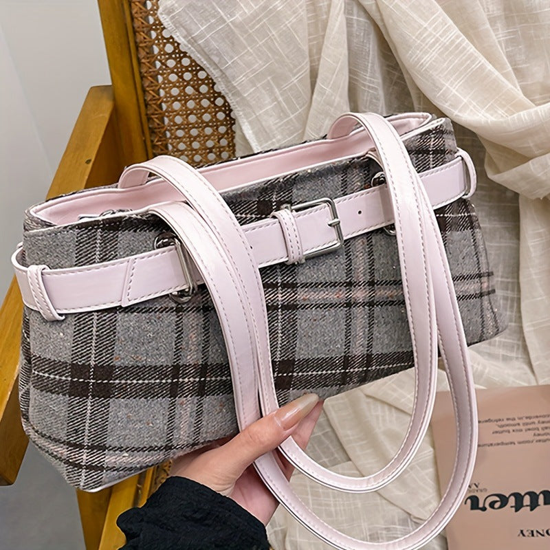 Women's Textured Plaid Vintage Chain Commuter Bags