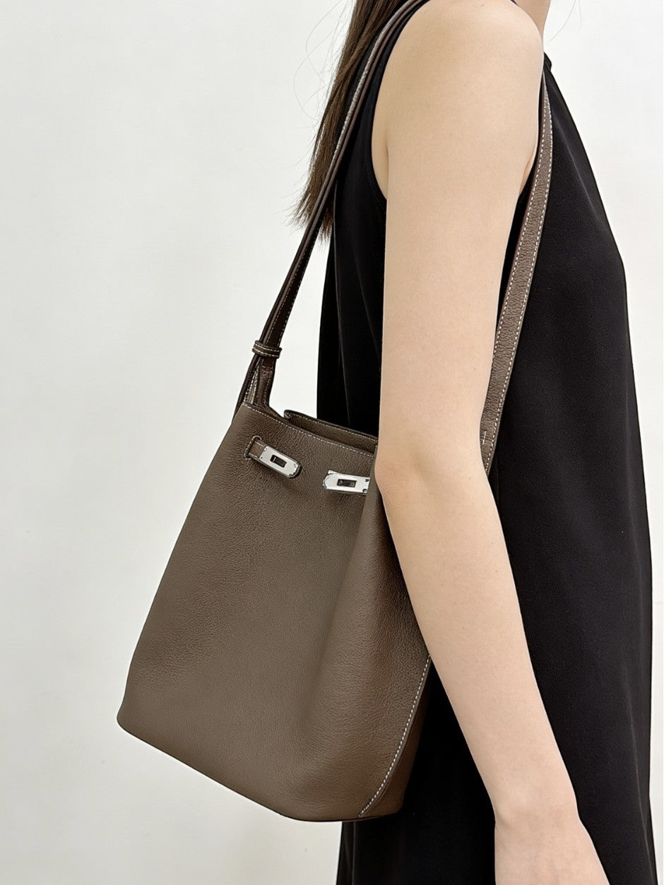 Women's High-grade First Layer Cowhide Kelly Large Bucket Bags