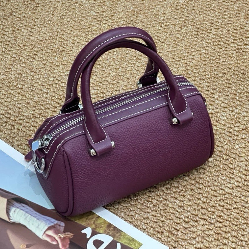 Retro Boston Pillow First Layer Cowhide Minority Fashion Lychee Women's Handbag