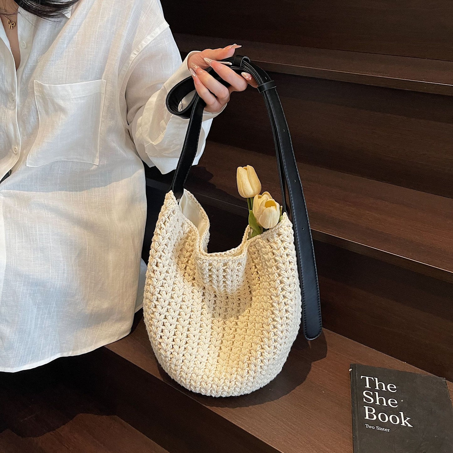 Fashionable Knitted Vegetable Basket Simple Beach Woven Bucket Bag