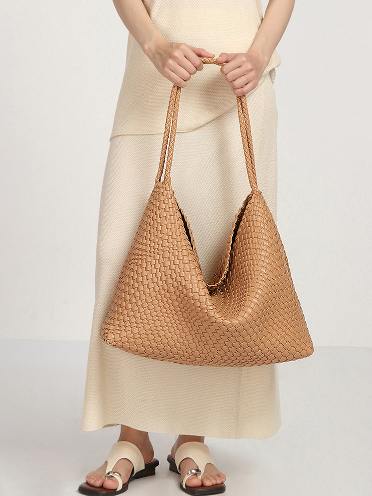 Soft Leather Woven Large Capacity Idle Style Women's Shoulder Bag