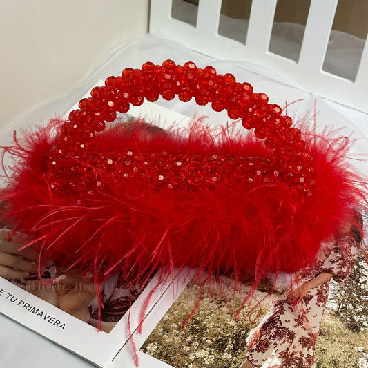 Large Ostrich Feather Handmade Beaded Dinner Party Women's Handbag