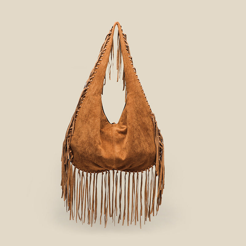 Women's Tassel Large Capacity Crescent Trendy Simple Deerskin Veet Retro Women's Shoulder Bag