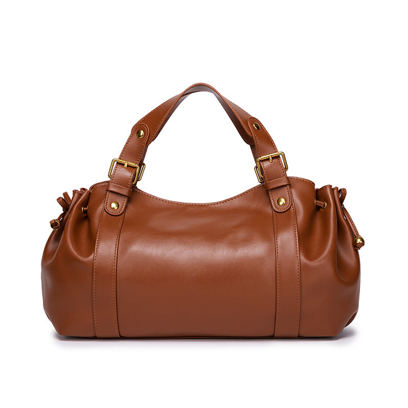 Women's Large Capacity Soft Leather Pleated Retro Commuter Women's Handbag