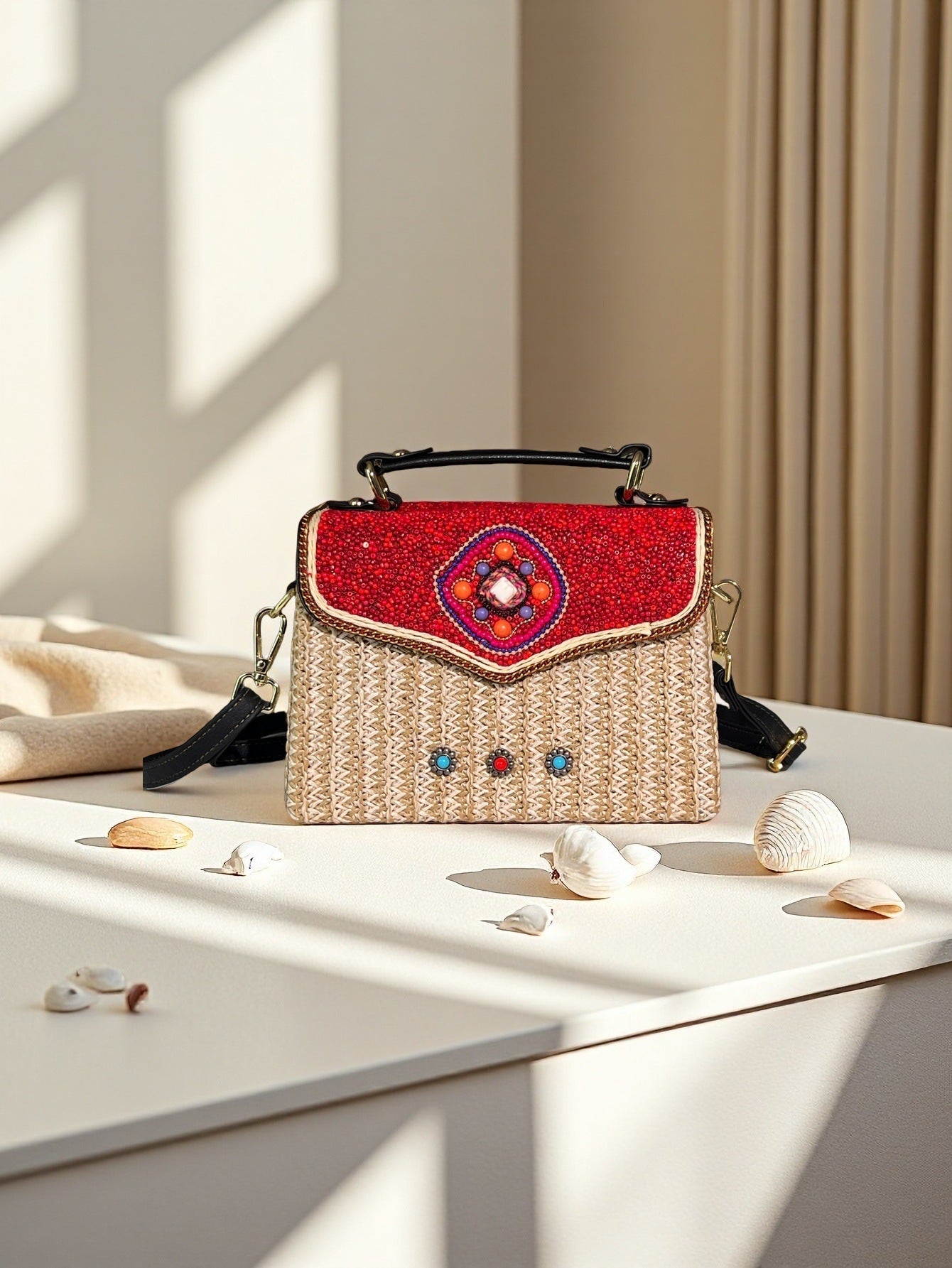 Bohemian Style Bead Rattan Lightweight Portable Women's Handbag