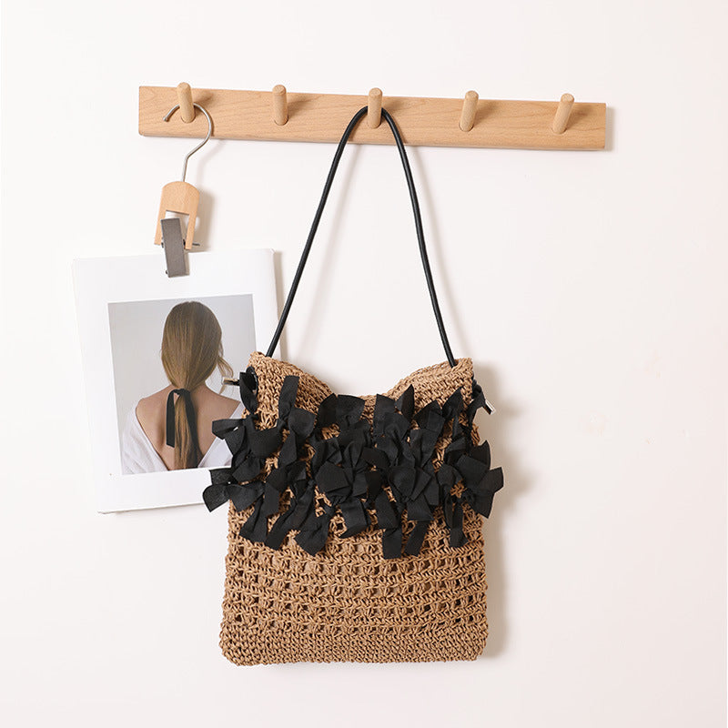 Women's Mori Style Fashion Bowknot Straw Hollow Woven Seaside Vacation Bags
