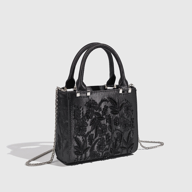 Women's Decorated Pearls Chain Silk Satin Texture Hard Women's Handbag
