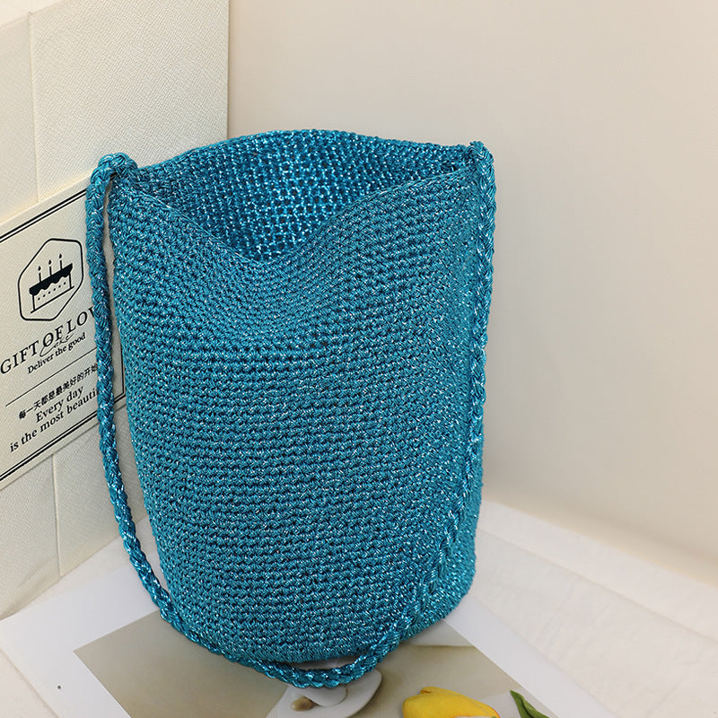 Korean Style Fashion Bright Line Straw Pure Color Woven Bucket Bags