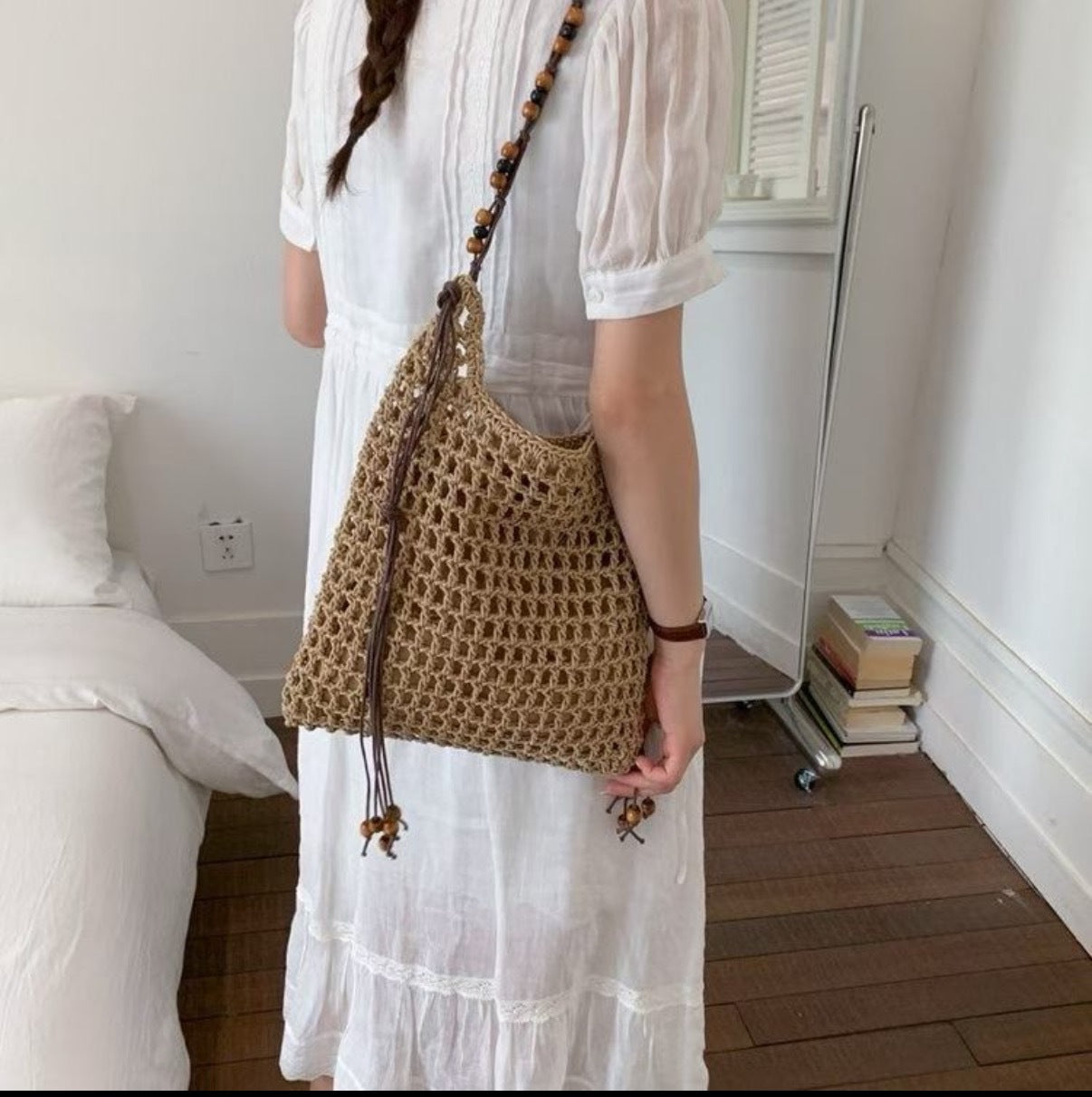 Attractive Lafite Handmade Beaded Weave Hollow Tote Bags
