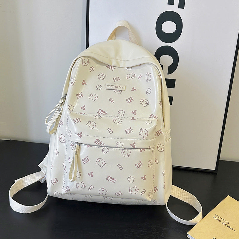 Women's Soft Leather Printed Cat Commute College Women's Backpack