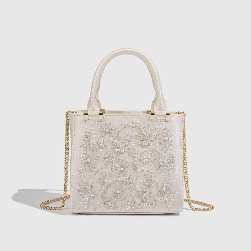 Women's Decorated Pearls Chain Silk Satin Texture Hard Women's Handbag
