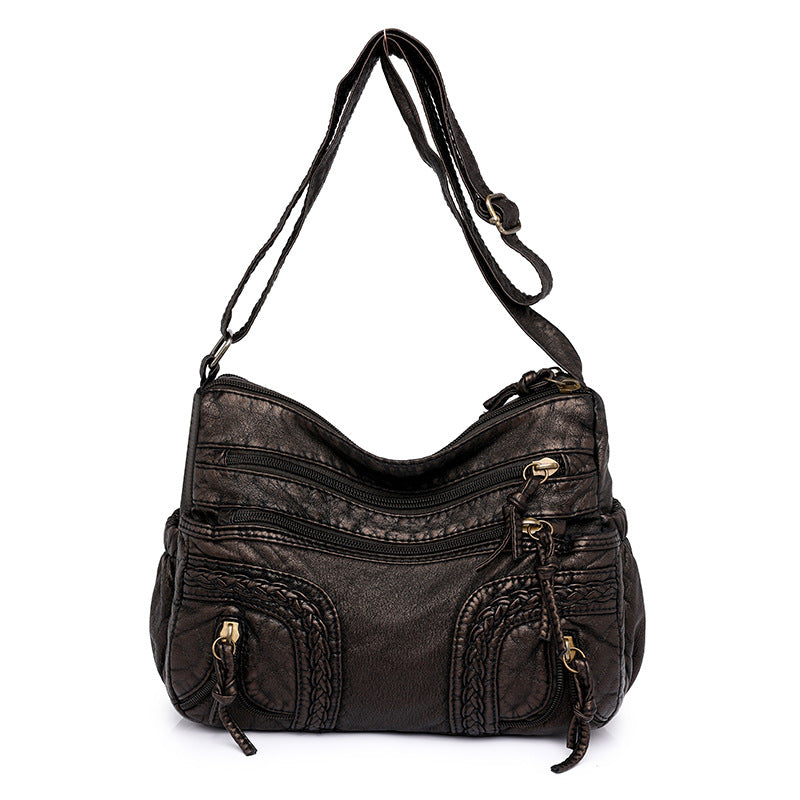 Women's Authentic Leather Tactile Feel Washed Woven Fashionable Large Capacity Women's Shoulder Bag