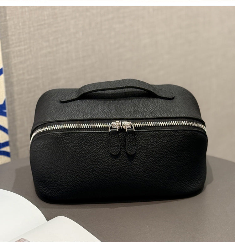 Simple High-grade First Layer Cowhide Texture Leather Portable Toiletry Large Cosmetic Bags