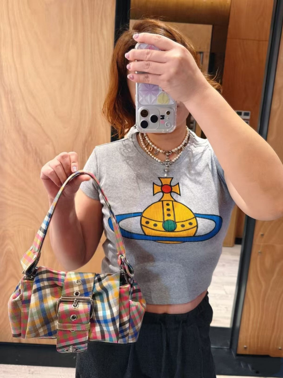 Women's Saturn Bow High-grade Rainbow Plaid Retro Women's Shoulder Bag