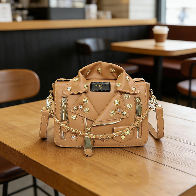 Women's Personalized Leather Jacket Fashion Studded Trend Chain Sling In Women's Shoulder Bag
