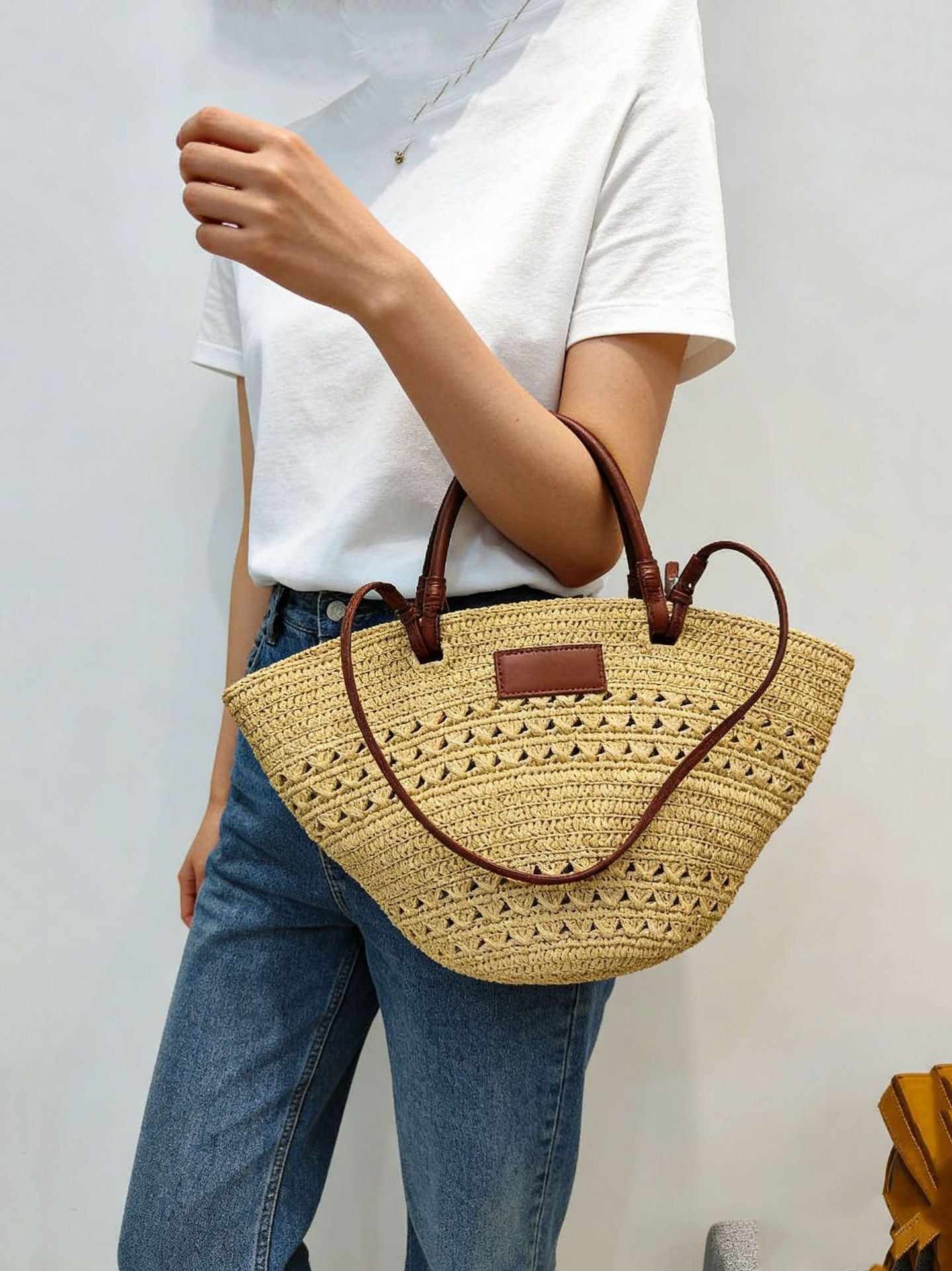 Women's Top Layer Cowhide Stitching Raffia Woven Vegetable Basket Large Tote Bag