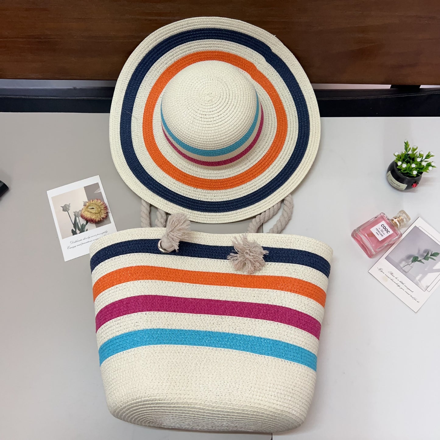 Summer Lady Colored Mosaic Beach Straw Tote Bag