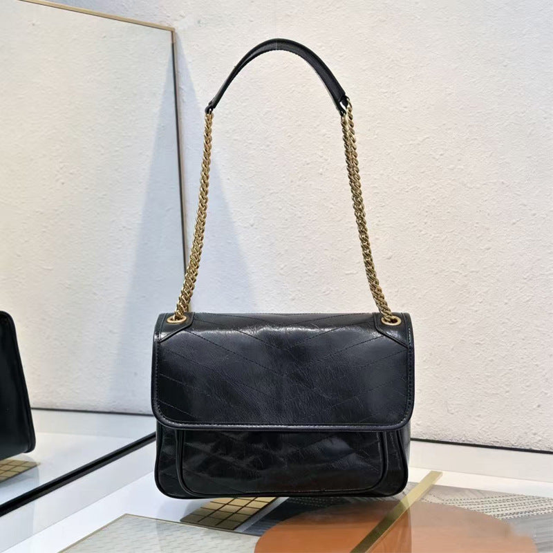 Medium Oil Wax Cowhide Poplar Wood Commuter Underarm High Sense Shoulder Bags