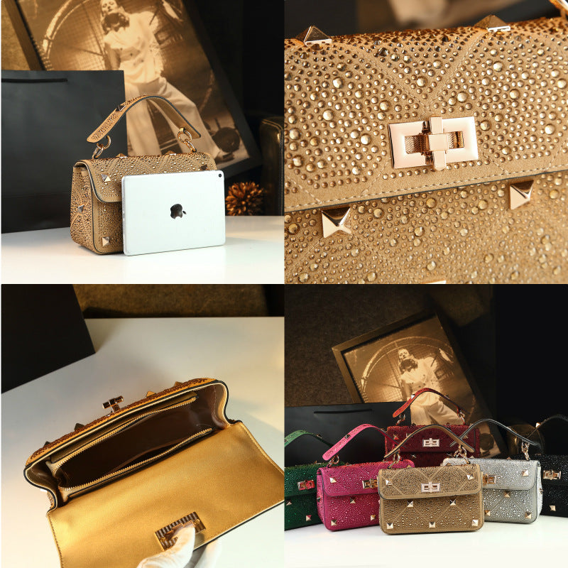 Women's Rhinestone Rivet Chain Fashion Portable Dinner Small Square Bags