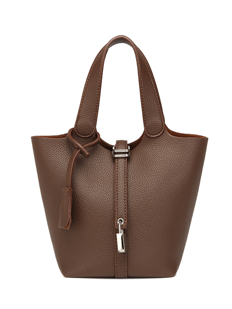 Simple High-grade Lychee Pattern Female Commute Bucket Bags