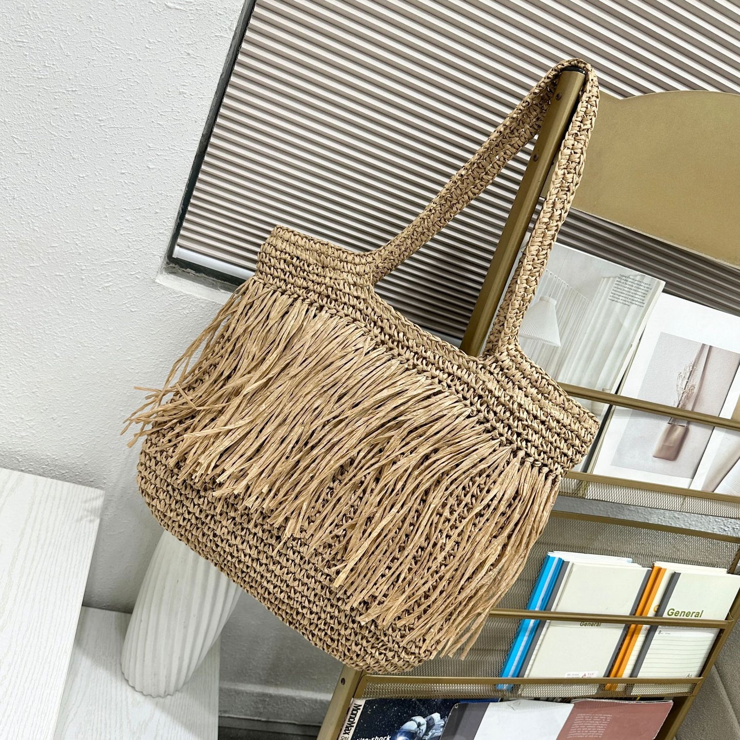 Summer Large Straw Vacation Style Woven Tassel Women's Shoulder Bag
