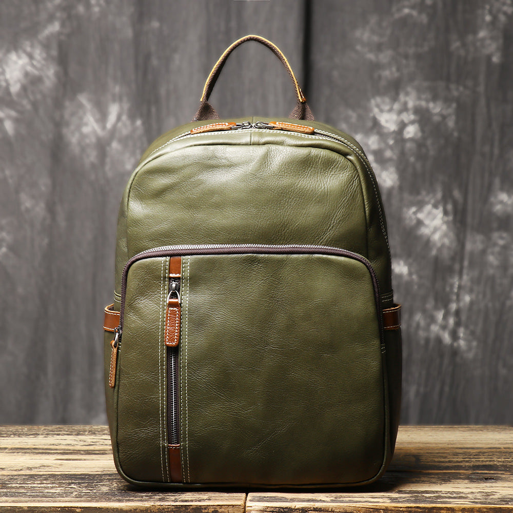 Men's Leather Versatile Cowhide Contrast Color College Backpacks