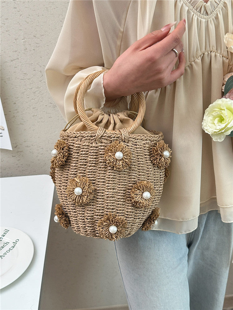 Women's Summer Straw Fresh Flower Pearl Decorative Portable Basket Women's Handbag