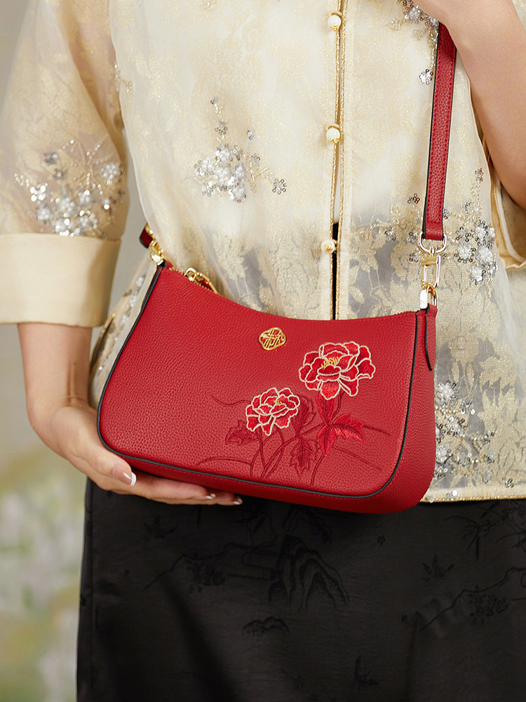 Ly Listed Leather National Style Printed White Collar Shoulder Bags