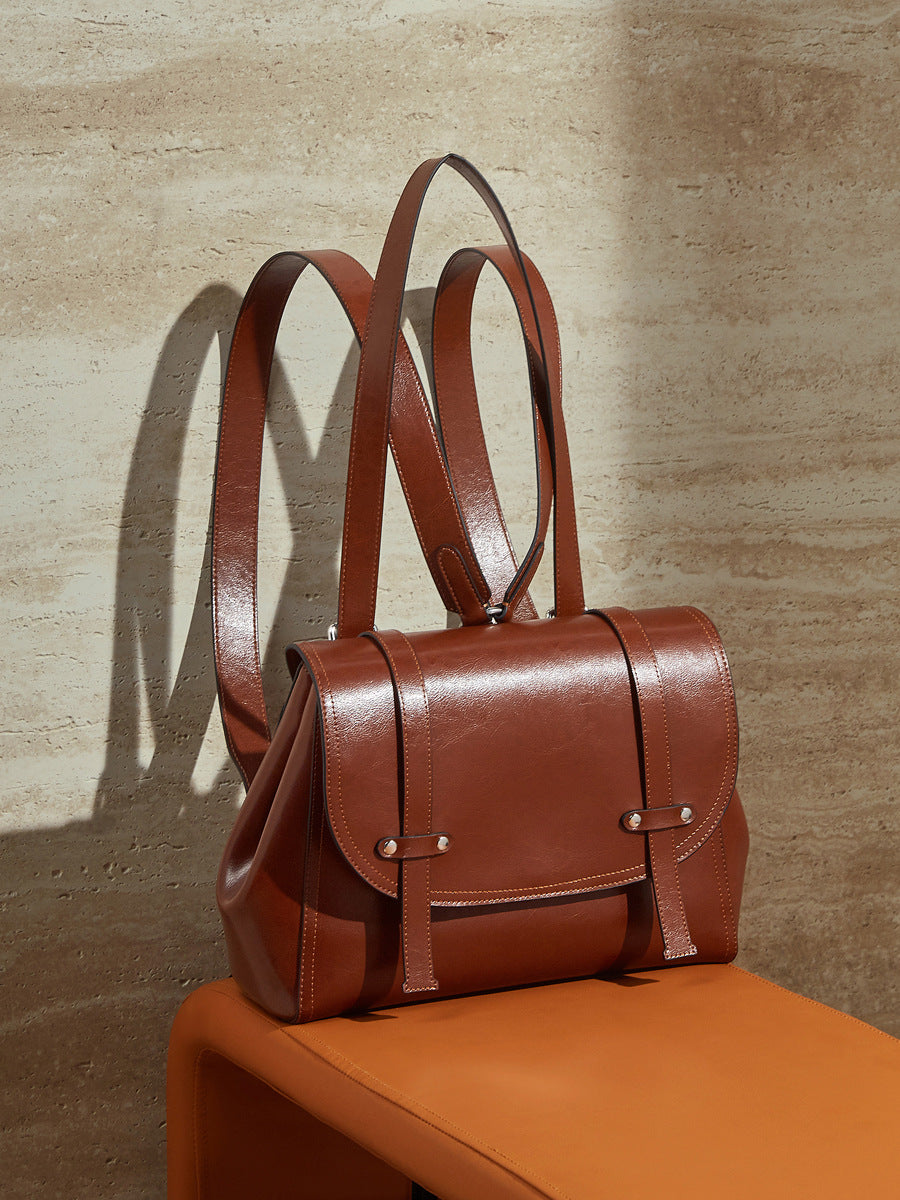 Women's Leather Design Oil Wax Cowhide Large Capacity Portable Diagonal Women's Backpack