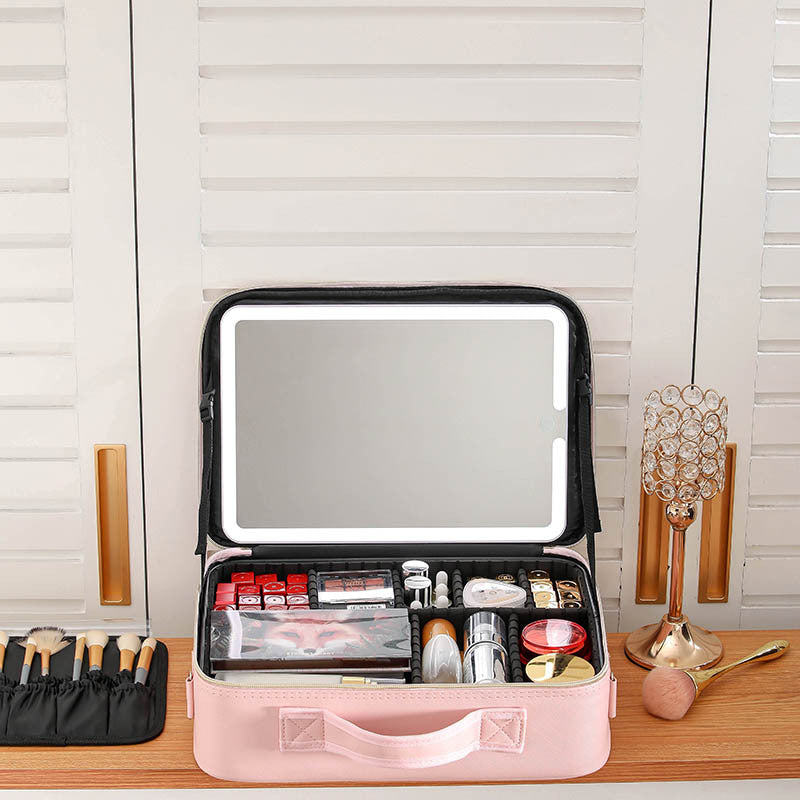 With Light Portable Storage Box Mirror Makeup Bag