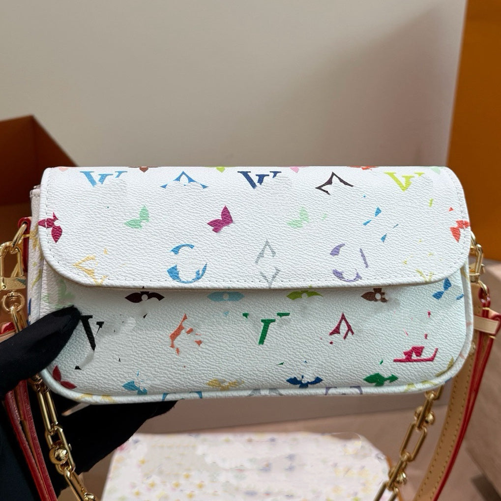 Women's High Textured White Three-color Printed Underarm Chain Bags