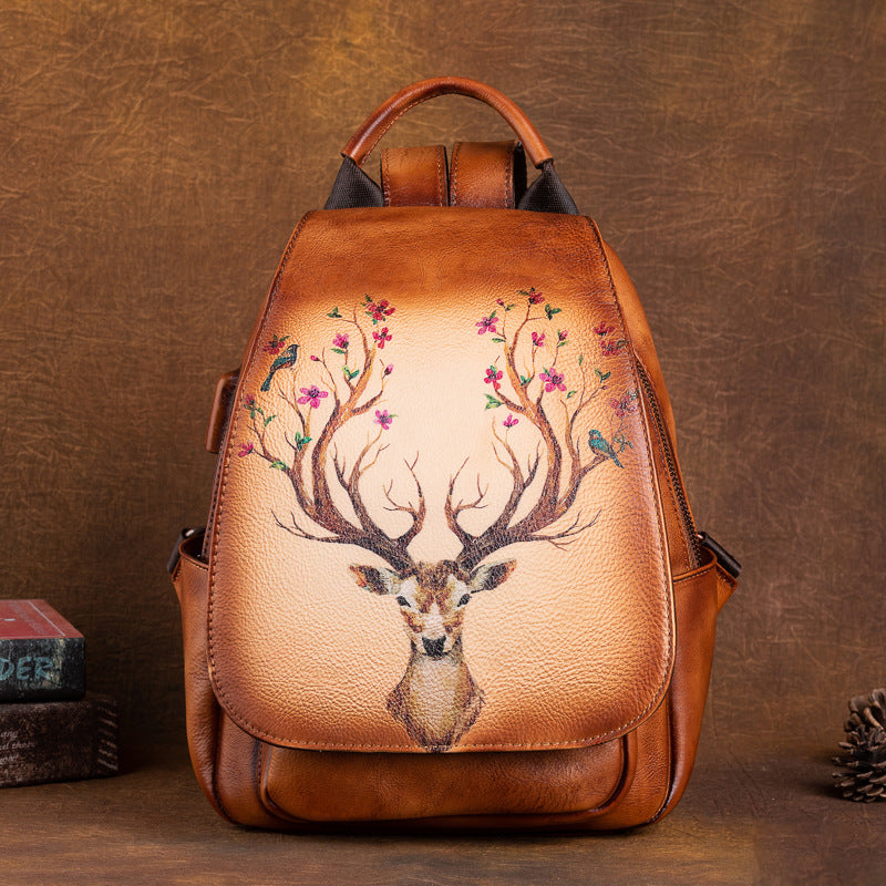 Leather First Layer Cowhide Creative Printed Yellow Brown Retro Backpacks