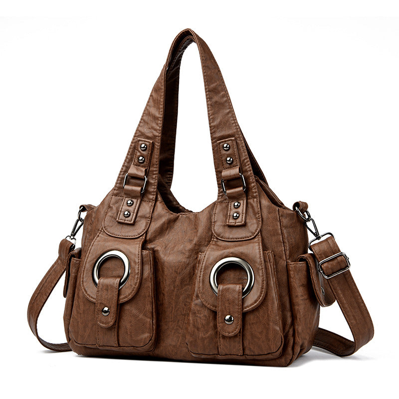 Women's Washed Leather Large Capacity Soft Retro Rivet Women's Shoulder Bag