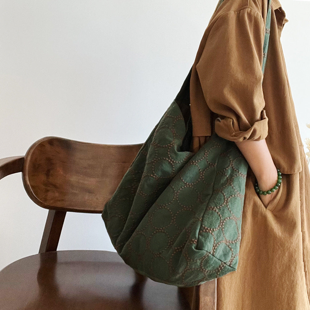 Big Ming Wind Brown Green Circle Cotton Linen Embroidered Women's Messenger Bag