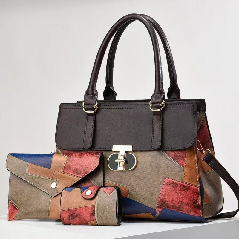 Women's Fashion Color Contrast Large Capacity Combination Retro Easy Matching Women's Handbag