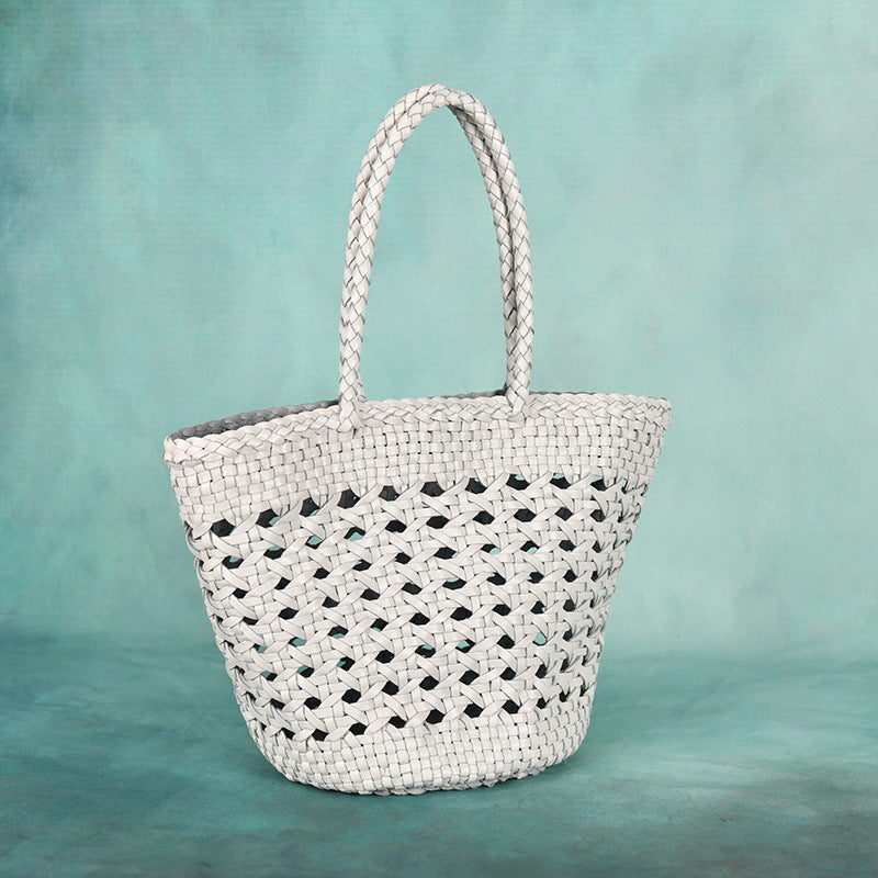 French Woven Vegetable Basket Cowhide Hollow Women's Handbag