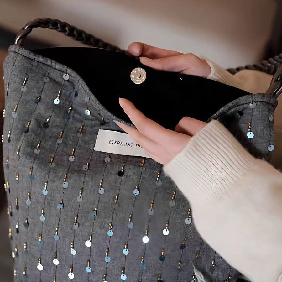 Elegance Retro Peacock Blue Sequined Commuter Women's Shoulder Bag