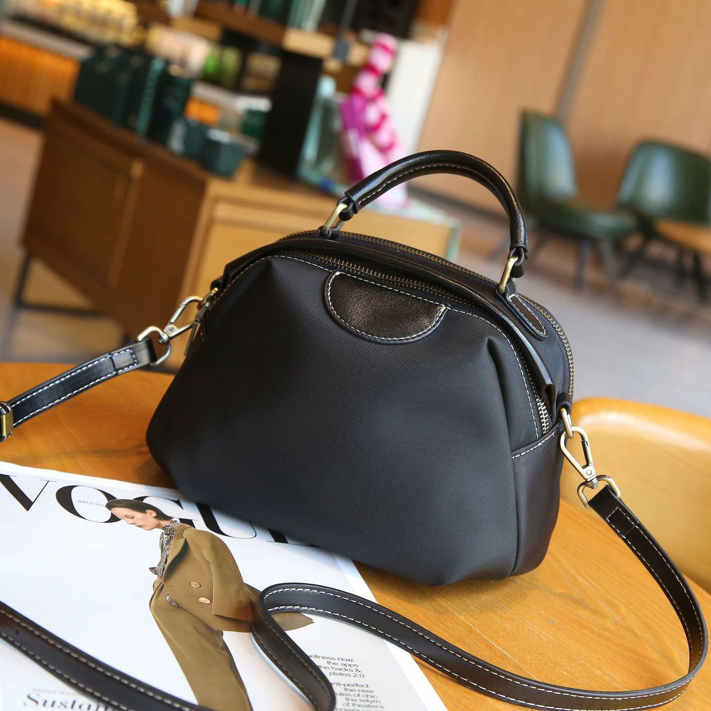 Women's Cloth With Leather Double Zipper Large Handbags