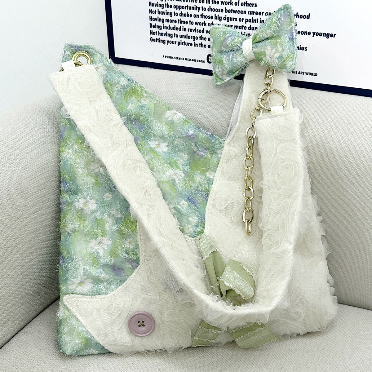 Women's Green Daisy Canvas Cute Cat Large Capacity Women's Shoulder Bag