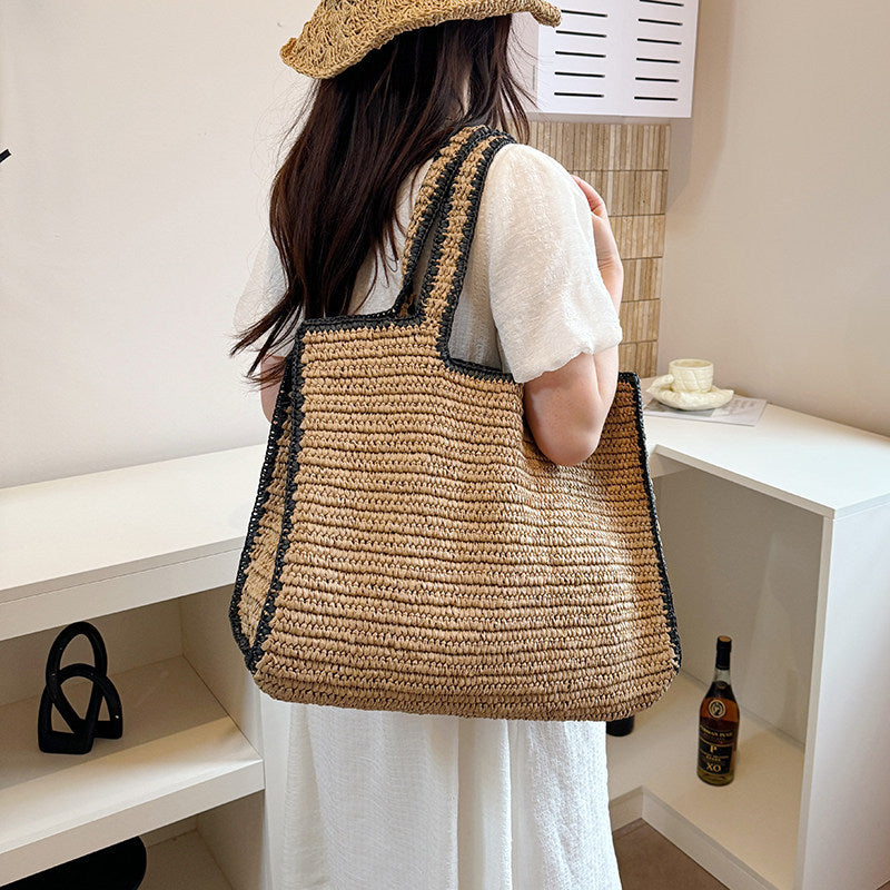 Women's Seaside Vacation Style Straw Woven Large Tote Bag