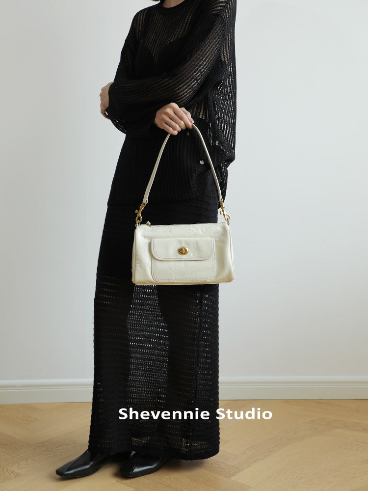 Women's Retro Style Simple First Layer Cowhide Summer Solid Underarm Bag