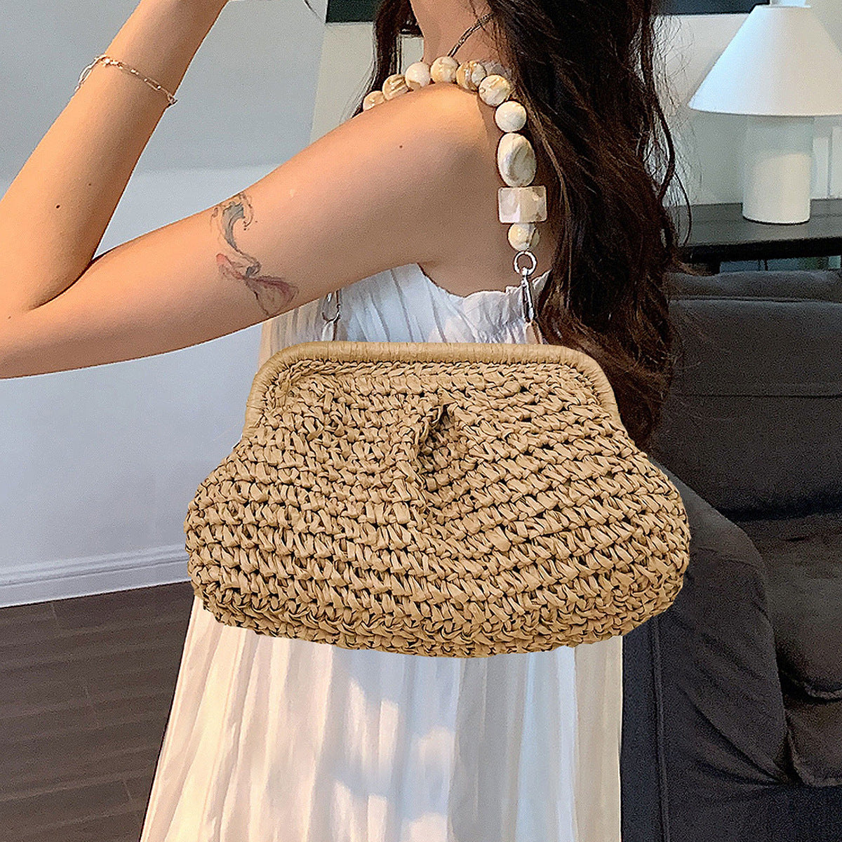 Vacation Style Beach Straw Summer Beaded Underarm Design Women's Handbag