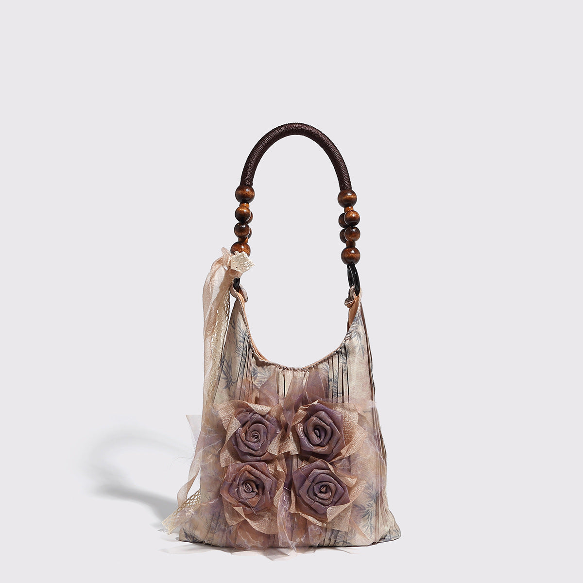 Retro Chinese Botanical Rose Flower Pleated Underarm Bag