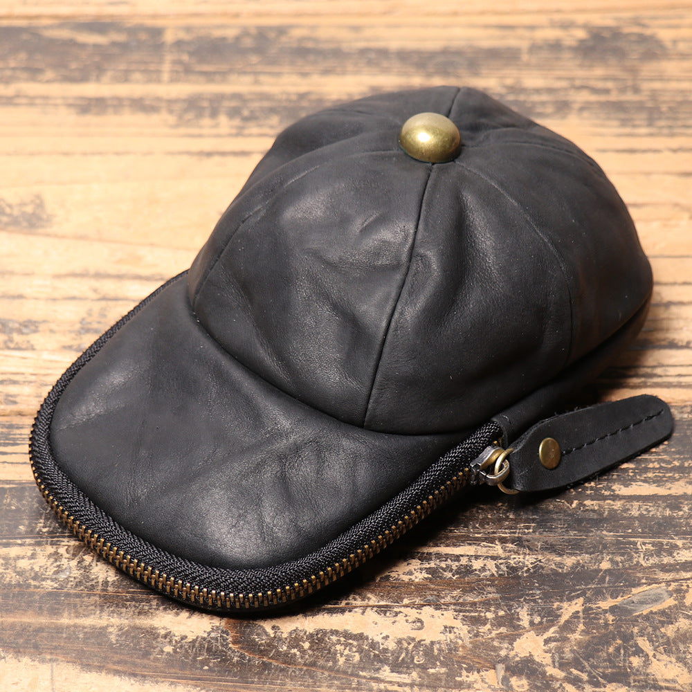 Men's Genuine Leather Cap Cowhide Zipper Crazy Horse Large Bags