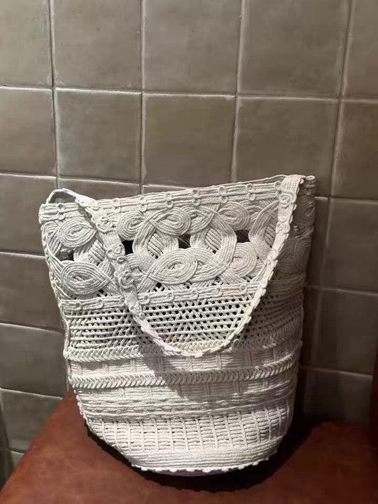Pure White Hollow Lace Straw French Woven Vacation Beach Bucket Bag