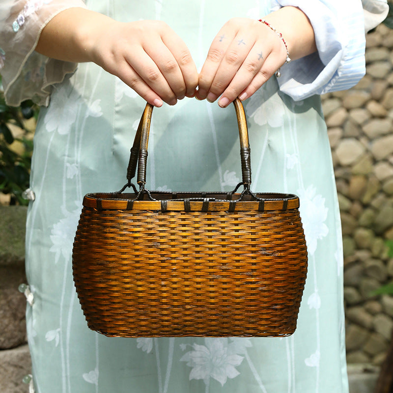 Knitted Purely Handmade Storage Basket With Handles For Tea Women's Handbag