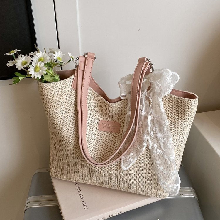 Summer Knitted Large Capacity Simple Ribbon Tote Bag