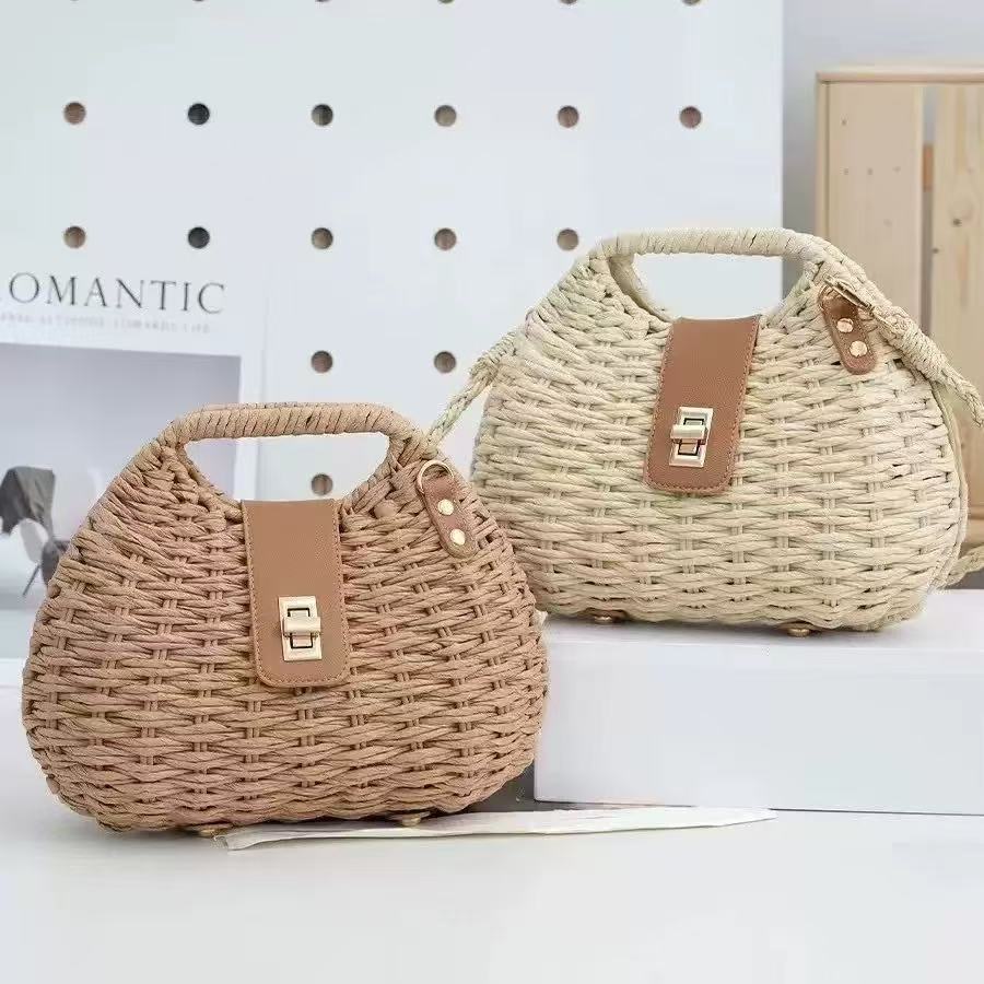Iron Frame Shell Straw Solid Color Woven Seaside Vacation High Bags